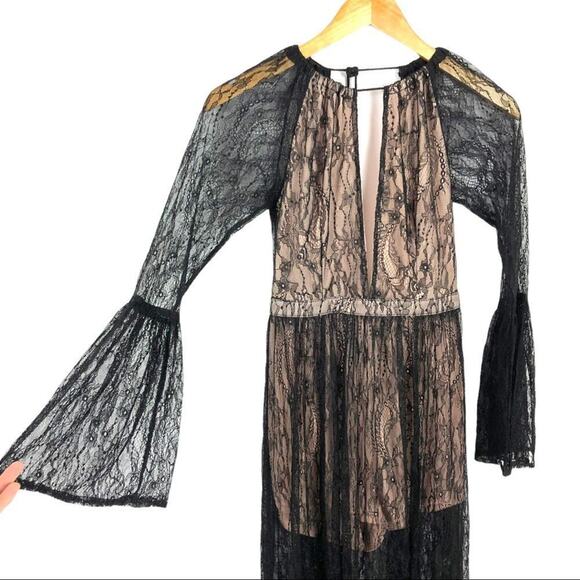 Whyte Eyelash Skirted Maxi Black Lace Sheer Romper Deep V-neck bell sleeves S - Picture 8 of 16